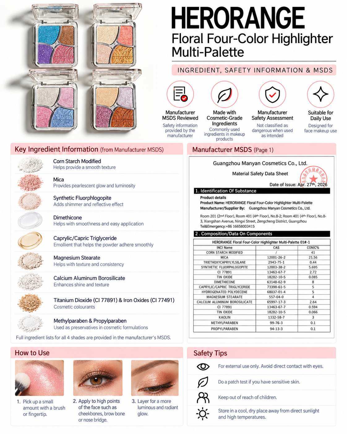HERORANGE Floral Four-Color Highlighter Multi-Palette
